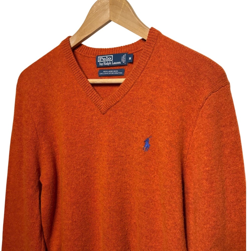 Polo Ralph Lauren Mens Orange 100% Lambswool V-Neck Sweater Pony Logo Size M